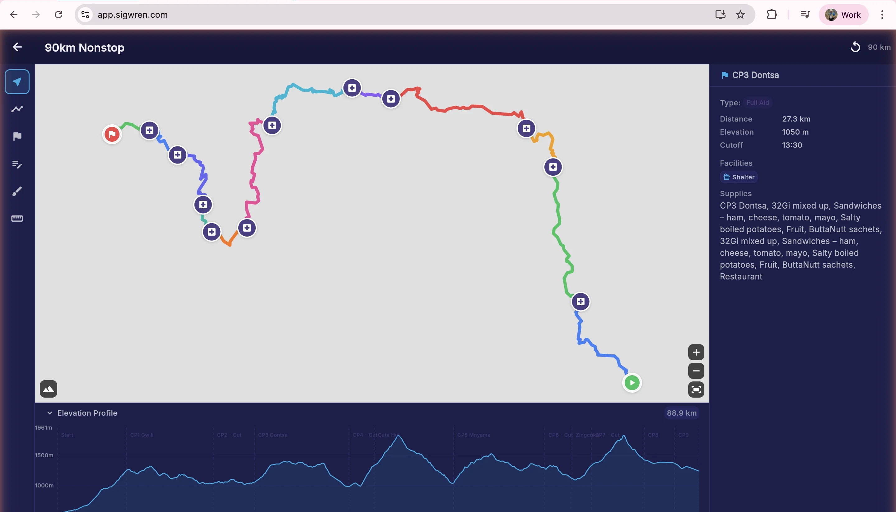 Course planner with colour-coded segments on map, checkpoint details, and elevation profile